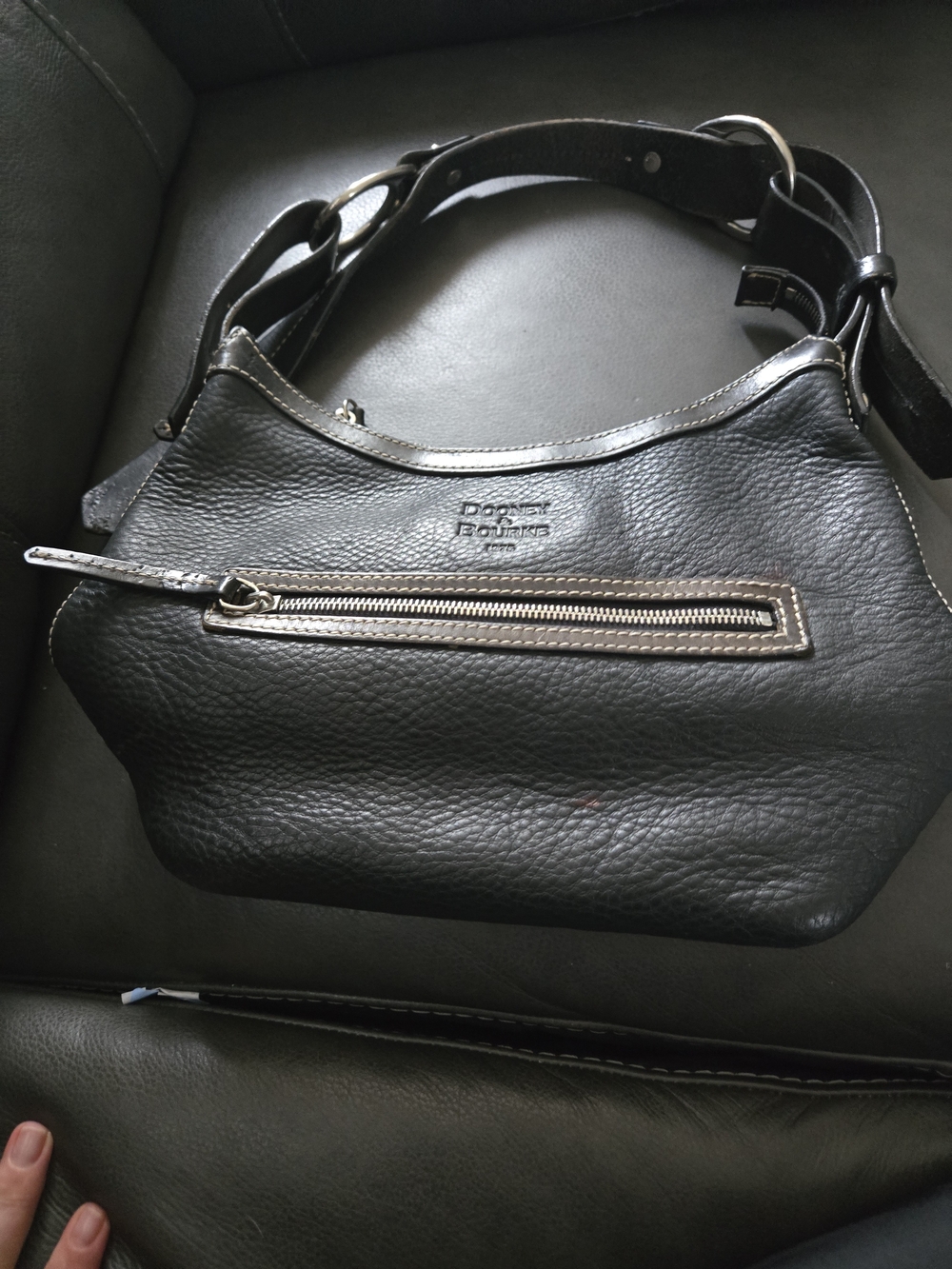 Dooney & Bourke Black Pebble Leather Hobo Shoulder Bag with Front Zip Accent